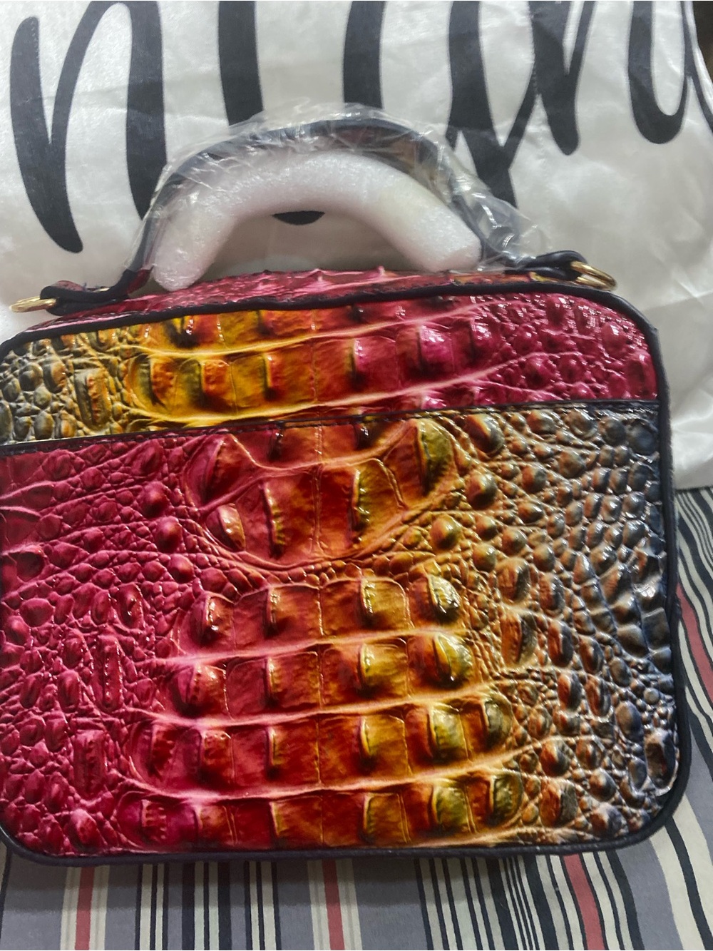 Croc-Embossed Gradient Crossbody Bag in Red, Yellow, Brown